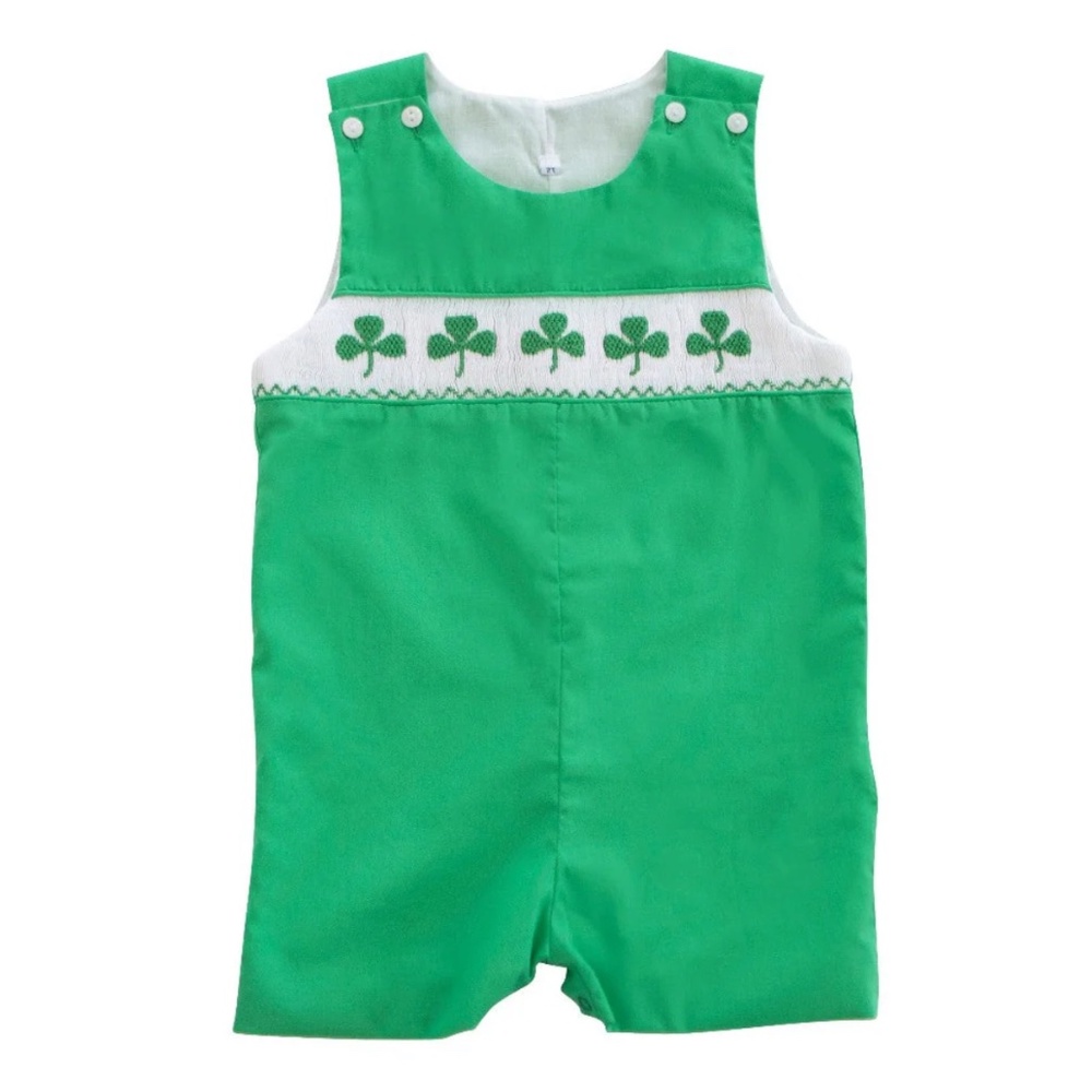 Smockingbird Shamrocks Green Smocked Knit Boys' Shortall, 12M, NWT